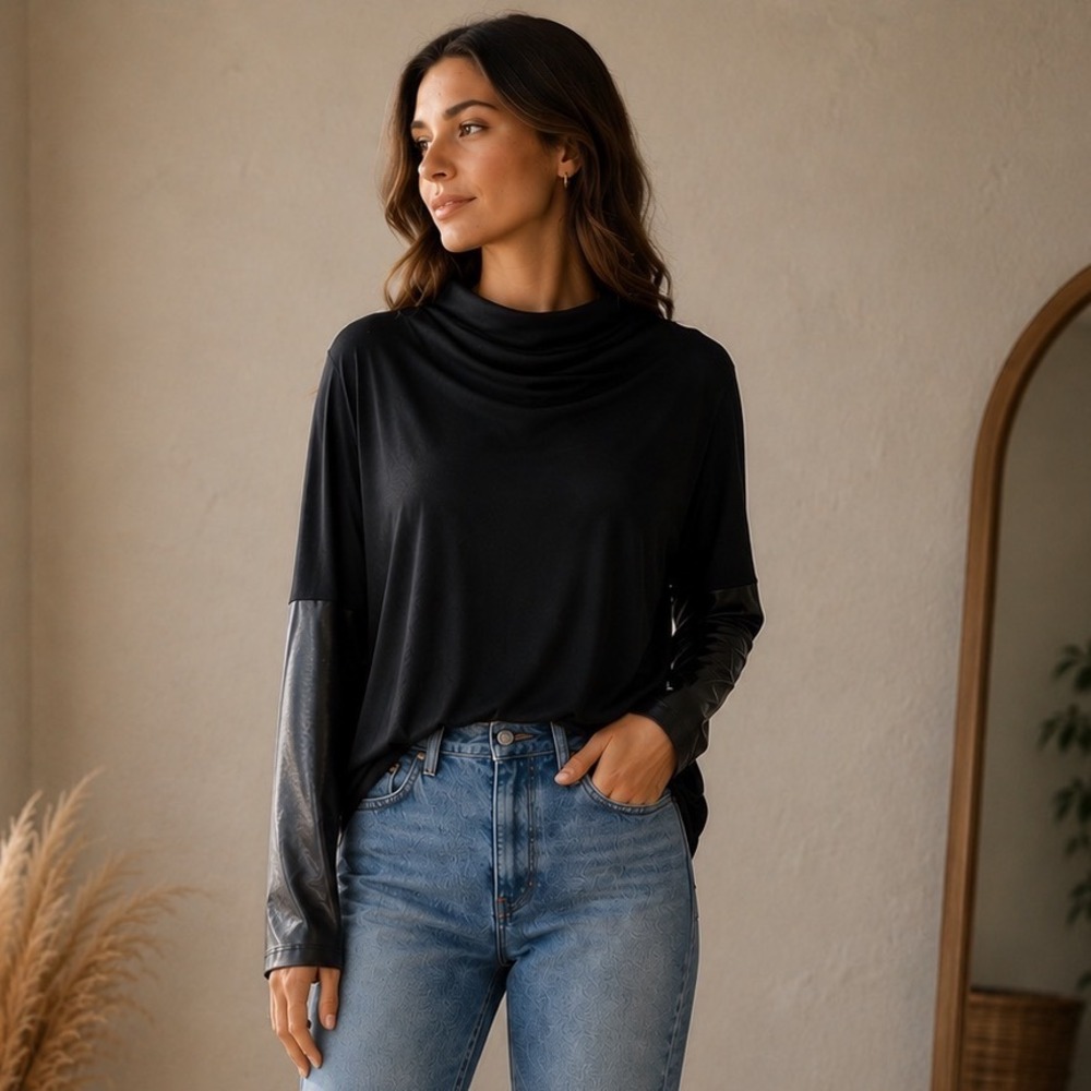 Bryn Walker Black Cowl Neck Faux Leather Sleeve Top XS Italian Fabric
